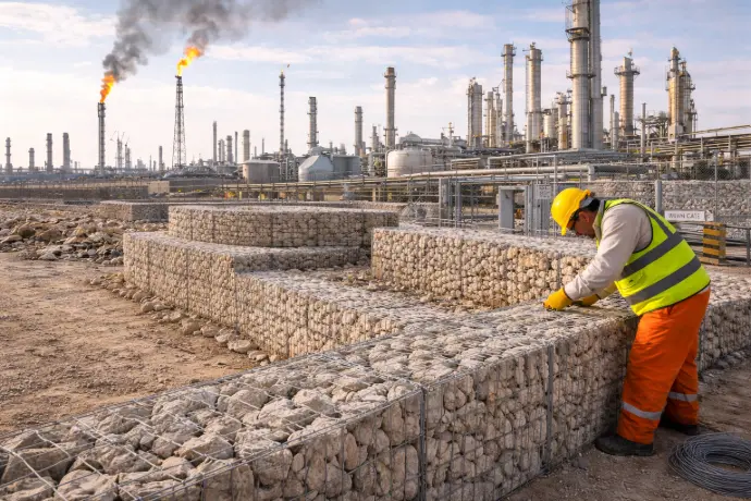 Worker installing gabion walls at refinery