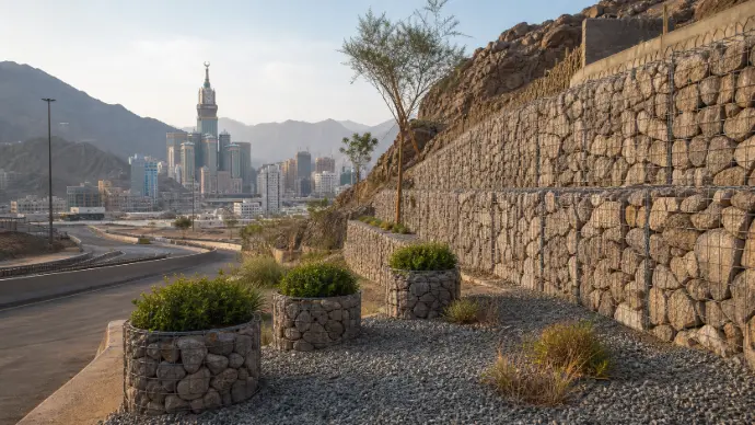 Cityscape with retaining wall and greenery
